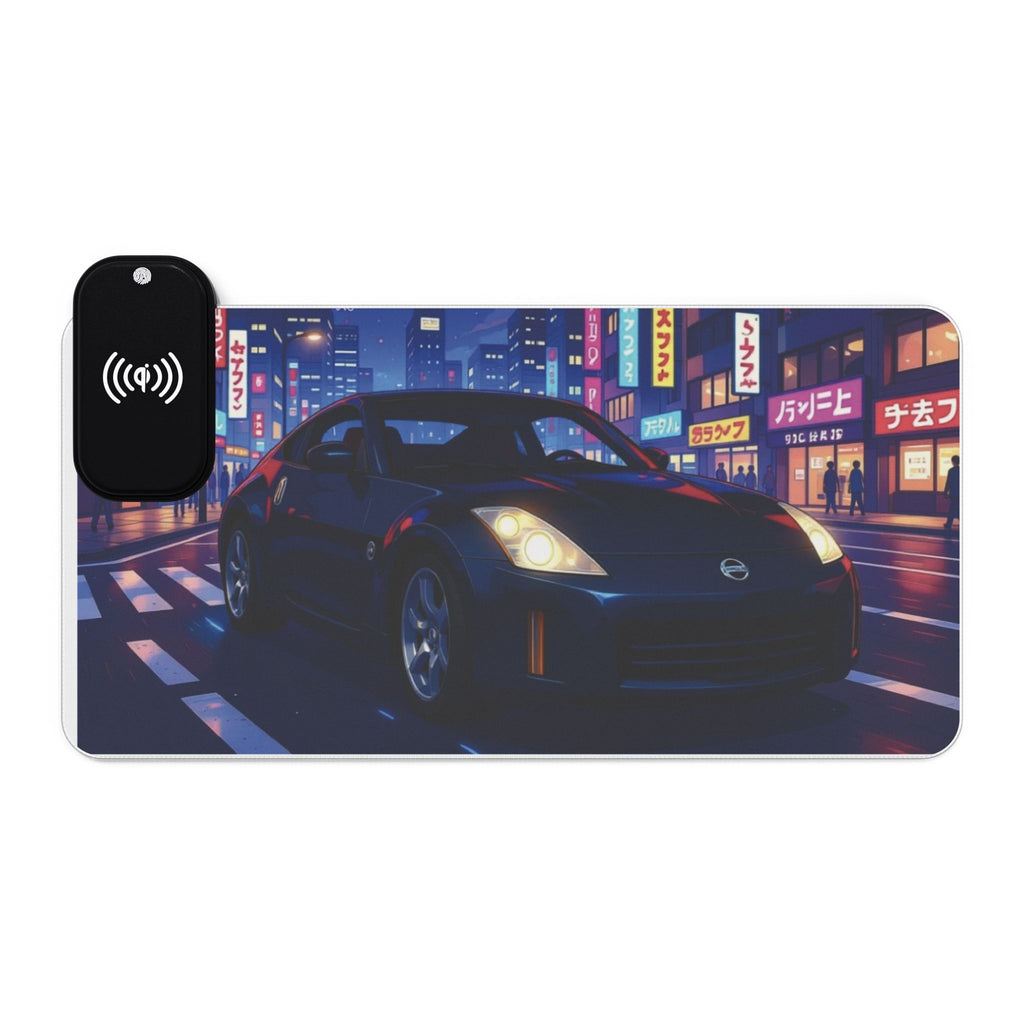 LED Gaming Mouse Pad with Wireless Charger — Neon City Car Design, RGB Desk Mat for PC Gamers